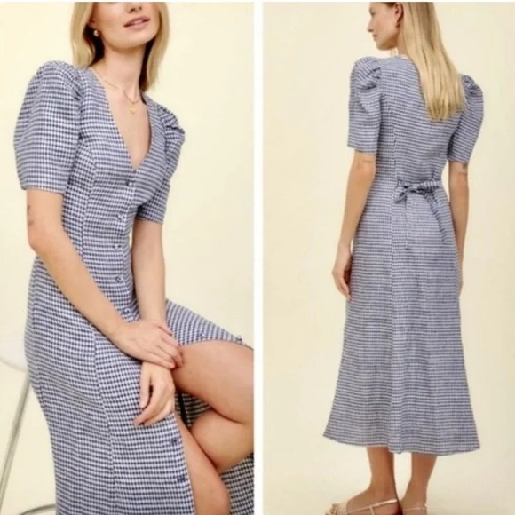 Reformation Newbury Linen Dress Sz 6 Challah Check Button Down New - Picture 1 of 14